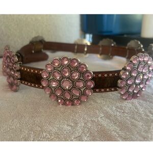 SSM leather Concho belt  Pink conchos silver studs cowgirl boho RTL $225 L 36”